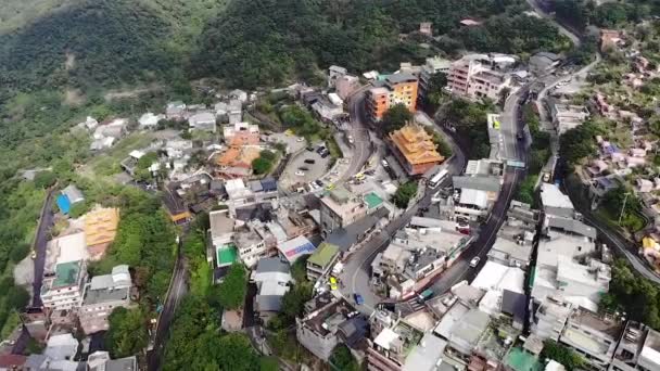 Jiufen Tayvan Daki Dağ Köyünün Hava Aracı Görüntüsü Düşük Açı — Stok video