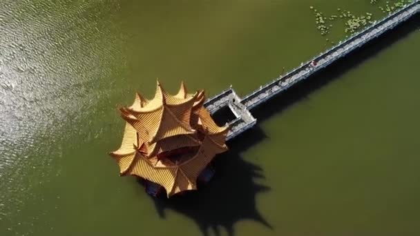 台湾高雄市のLotus Pond Lake武陵展望台の上空からの空中ドローンの眺め低角度 傾きの動き — ストック動画