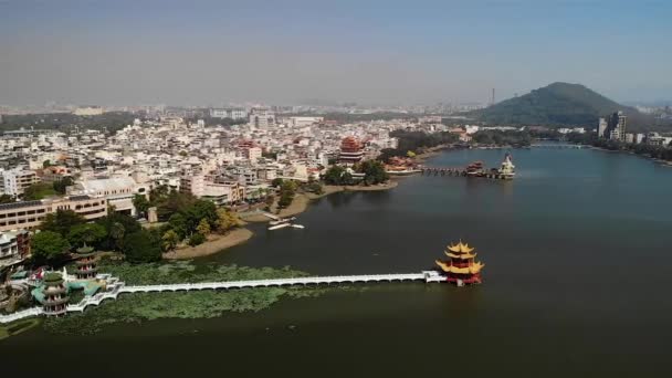 台湾高雄市のLotus Pond Lake武陵展望台とパゴダの上空からの空中ドローンの眺め — ストック動画