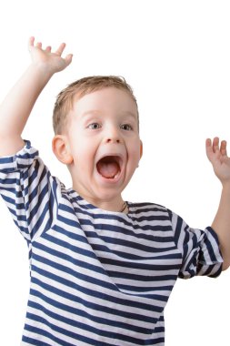 küçük çocuk beyaz bir arka plan üzerinde çizgili yelek