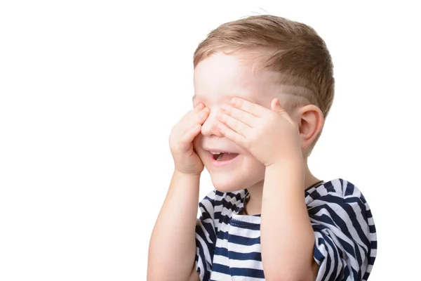 Portrait of little boy closed eyes with his hands — Stock Photo, Image