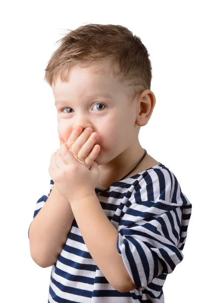 Little boy  closed mouth with hands — Stock Photo, Image
