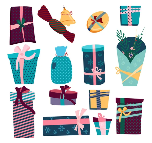 Gift Boxes Set Different Forms Size Convolutions Festive Paper Christmas — Stock Vector