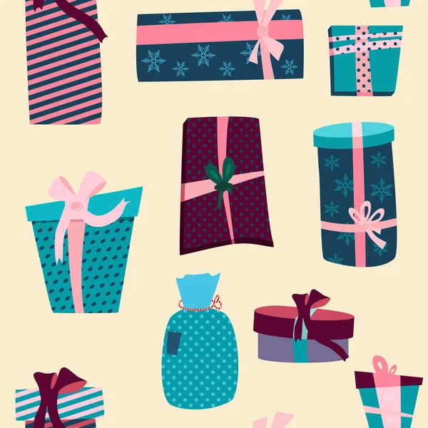 Gift Boxes Seamless Pattern Convolutions Festive Paper Different Forms Size — Stock Vector