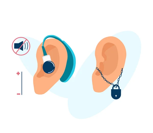 Ανθρώπινα Αυτιά Ακουστικό Aerophone Και Λουκέτο Στην Αλυσίδα Κώφωση Και — Διανυσματικό Αρχείο