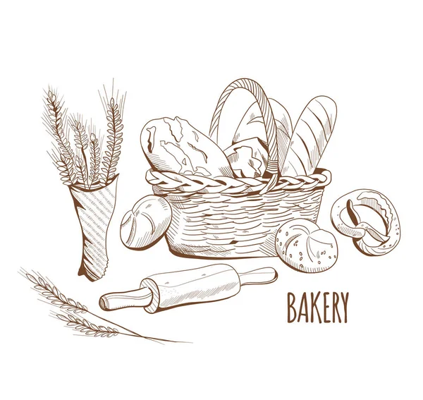 パンやパンの彫刻スタイルでパン屋 フランスの愛 バゲットと小麦とウィッカーバスケットの耳 メニューの装飾 農家の市場 料理のための設備ペストリーレトロなモノクロスケッチのバンドル — ストックベクタ