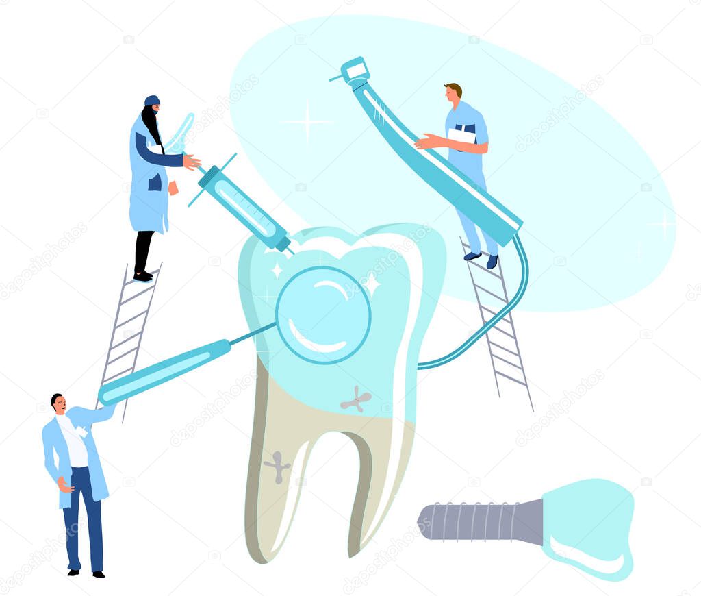 Dental clinic.Tiny doctors holding drill bit and cure huge molar tooth with caries, removing plaque. Medical orthodontic instruments.Oral cavity disease. Dentistry service with implants.Vector