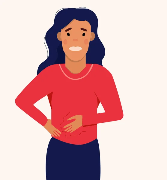 腹部膨満感に苦しむ女性 ガスの保持によって引き起こされる腫れ状態 女の子は胃の痛みや胃炎を持っています 便秘や下痢 — ストックベクタ