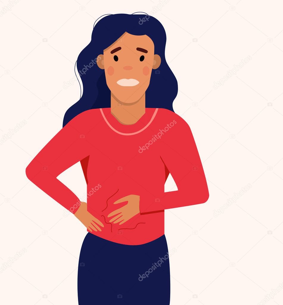 Woman suffering from abdominal bloating.A swollen state caused by retention of gas.Girl has Stomach Ache or gastritis.Constipation or diarrhea.Poor digestion.Menstrual syndrome.Intestinal poisoning.
