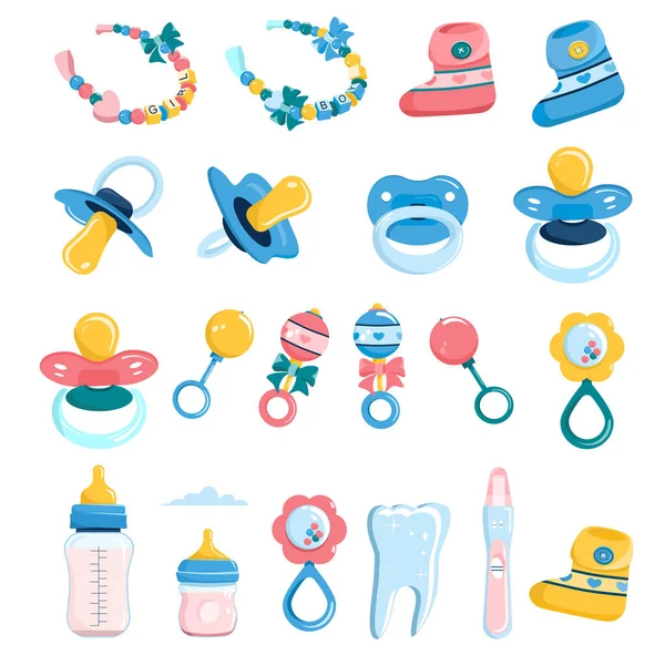 Παιδικά Προϊόντα Από Νεογέννητο Επίπεδο Στυλ Μπουκαλάκι Γάλακτος Θηλή Πιπίλα — Διανυσματικό Αρχείο