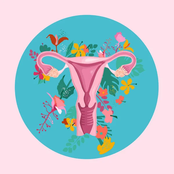 Çiçekli arka planı olan sağlıklı dişi üreme sistemi. Rahim ve rahim ağzı anatomisi. Medinilla çiçekli yumurtalık. Uluslararası kadınlar günü ve kız gücü kartpostalı.