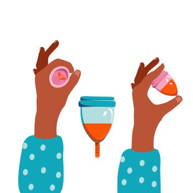 Adet bardağında kan var. Elleri silikon tutuyor ve itiyor. Kritik günlerde kadınlar için sıfır atık ve ekolojik koruma. Düz stilde vektör. Yeniden kullanılabilir ürün.