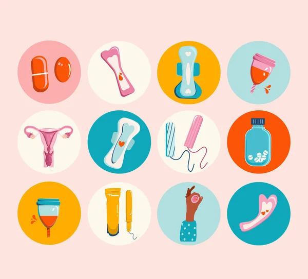 Menstruation Collection Fiers Être Femme Icône Ronde Sertie Style Plat — Image vectorielle