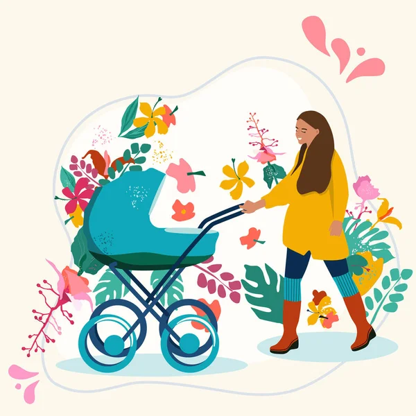 Young Woman Pram Mom Walking Her Infant Baby Happiness Childhood — Stock Vector