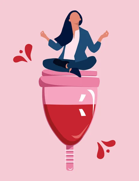 Kız büyük bir regl bardağı üzerinde kanla oturup meditasyon yapıyor. P.M., kadın hijyeni ve sağlık konsepti. Moda tarzında vektör. Kadın dönemleri ve kritik günlerde. Sıfır atık ve yeniden kullanılabilir mallar..