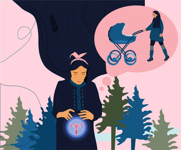 여자는 임신과 아기에 소녀가 빛나는 엄마가 마차와 Bubble Coniferous 중심이다 — 스톡 벡터