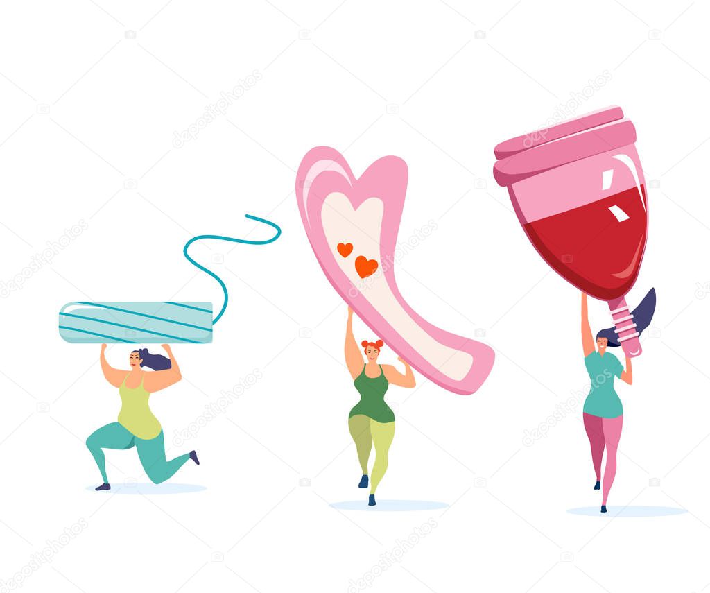 Three strong athletic girls holding big menstrual cup,tampon and sanitary pad.Comfort,protection and hygiene during periods.Body positive and women power set.Vector on white background.