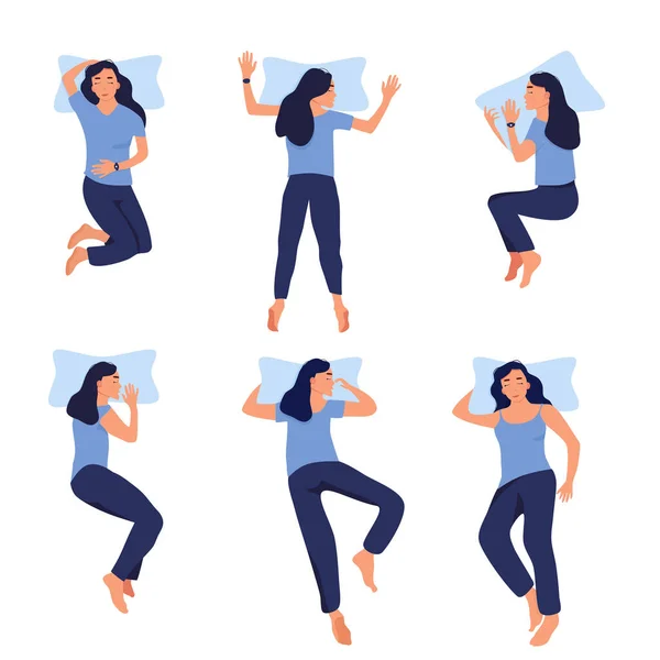 Different Sleeping Positions Young Woman Fitness Tracker Her Wrist Device — Stock Vector