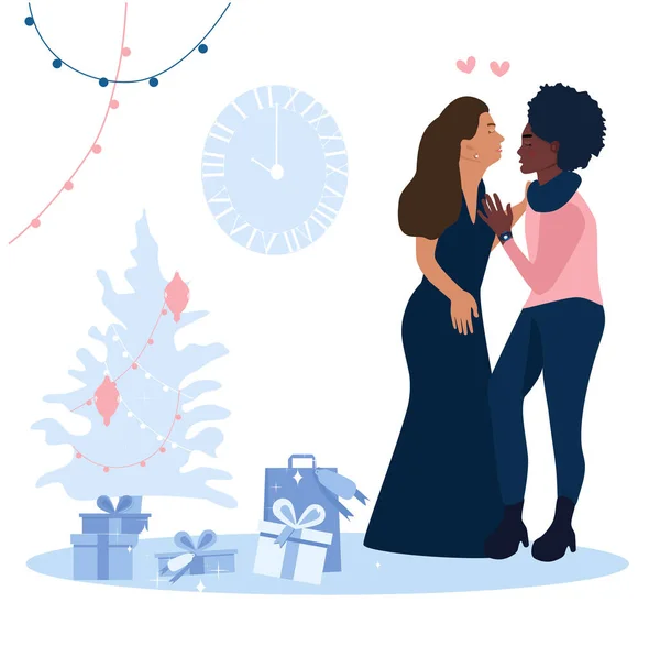 Two Girls Hugging Celebrating New Year Interracial Lesbian Couple Homosexual — Stock Vector