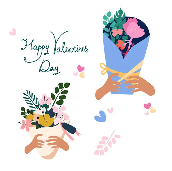 Happy Valentine Day Freehand Romantic Lettering Hands Hold Bouquet Flowers — Stockvector