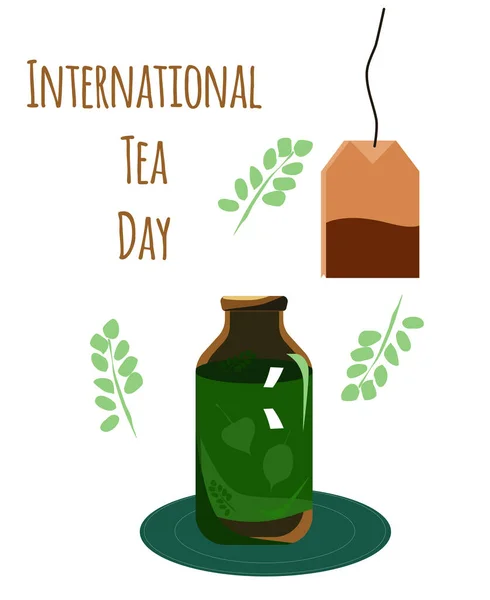 International Tea Day Illustration Green Glass Vial Herbal Beverage Unusal — Stockvector