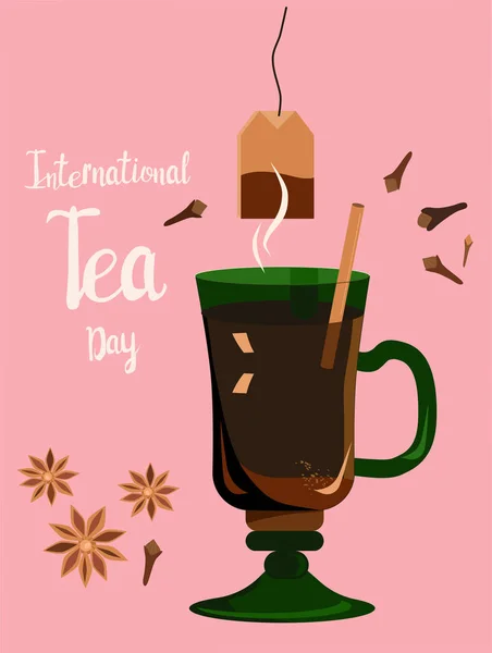 International Tea Day Illustration Green High Glass Hot Drink Steam — Stockvector