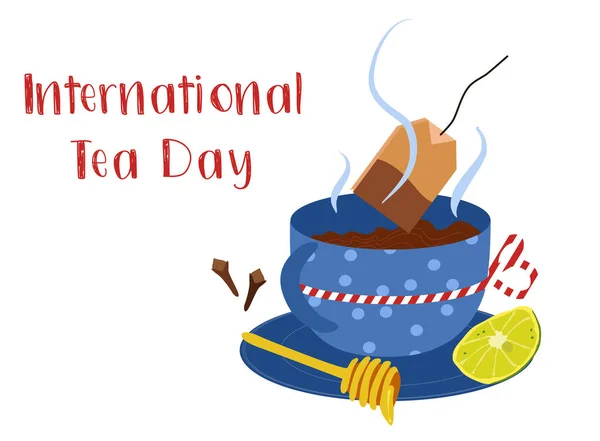 International Tea Day Illustration Cup Hot Drink Lemon Slice Honey — Stockvector