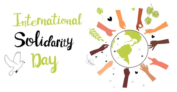 International Human Solidarity Day Lettering Poster Hands Different Ethnicities Various — Stockvector