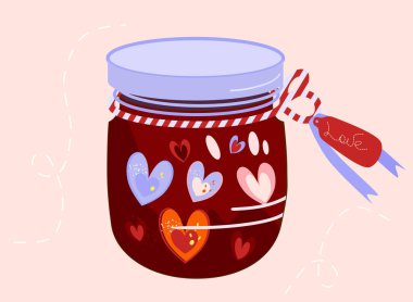 Sevgililer Günü posteri. Aşk iksiriyle dolu cam kavanoz. Şarap renkli çeşitli kalplerle doludur. Not için etiketli kurdele. Romantik kart ya da web sitesi afişi için vektör şablonu..