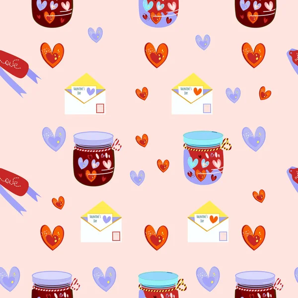 Seamless Pattern Valentine Day Symbols Love Jars Various Hearts Tag — Stock Vector