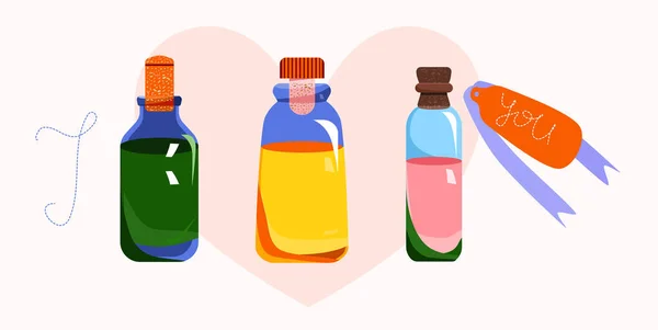 Valentine Day Poster Three Colourful Vials Amour Potion Anagram Love — Stock Vector