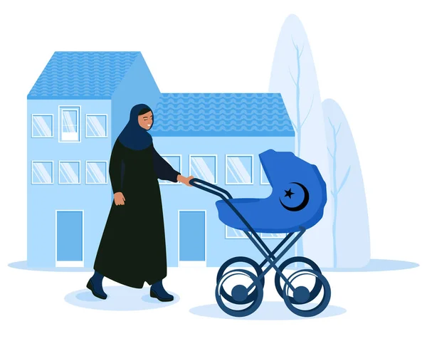 Arabian Woman Stroller Mother Walking Newborn Baby City Pram Urban — Stock Vector