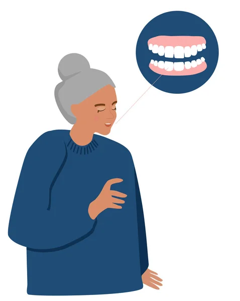 偽りの顎を持つ老婦人 歯科医院広告 整形外科と口腔外科 美しい笑顔のためのクラウンとベニヤ 入れ歯 取り外し可能なプレートまたはフレームは 人工歯を保持します ベクターポスター — ストックベクタ