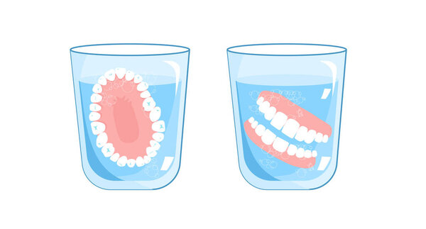 Ложная челюсть в стекле с water.Top, вид спереди .Denture, съемная пластина или рамка с искусственным зубом. Стоматологическая гигиена.