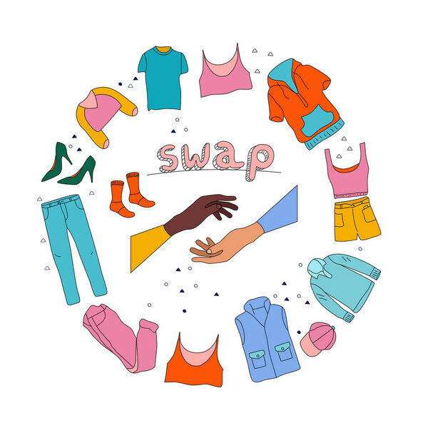 Swap party in doodle style.Hands are making exchange.Giving your wardrobe second chance banner.Clothes donation and charity concept.Garment items are around.Contribution in Eco lifestyle, recycling.