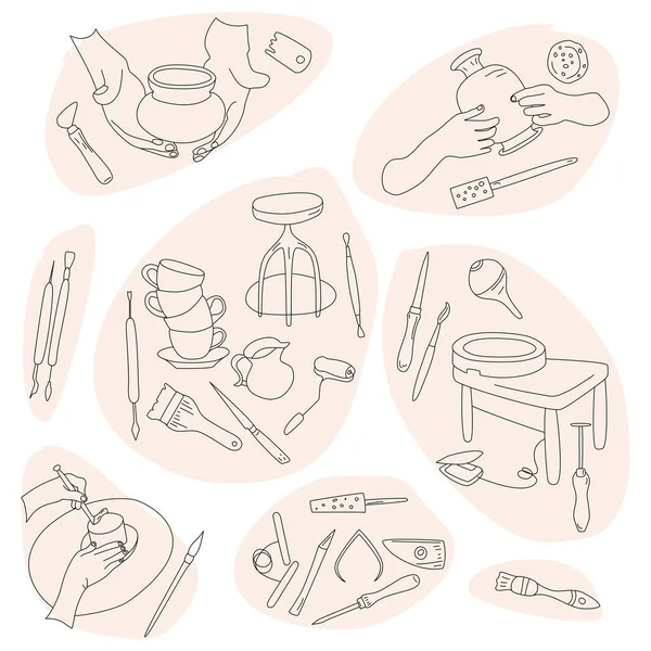 Σετ Χειροτεχνίας Από Πηλό Στυλ Doodle Εργαλεία Μοντελοποίησης Κεραμικών Και — Διανυσματικό Αρχείο