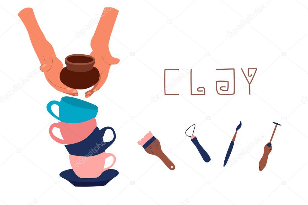 Clay crafting,pottery studio poster in doodle style.Tools for sculpture modeling.Instruments in pastel colors. Ceramics workshop banner.Background for for smartphone app,print for website.Vector