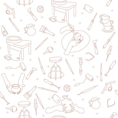 Çamur karalama stilinde kusursuz desenler. Çömlek modelleme ve heykel aletleri. Çizgi sanat aletleri. Seramik atölyesi. Geçmiş, web sitesi için baskı, tekstil, kırtasiye. Uygulama için duvar kağıdı, akıllı telefon.
