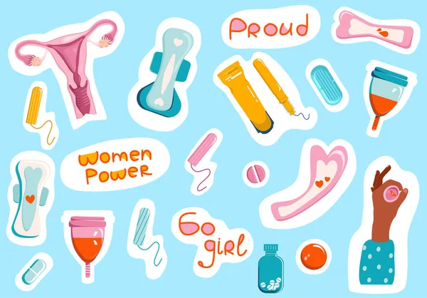 스티커 컬렉션 Clip 세트의 제품의 유행하는 Girl Power Quotes Tampons — 스톡 벡터