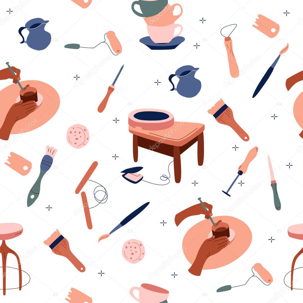 Clay crafting seamless pattern in doodle style.Pottery modeling and sculpture tools,instruments. Ceramics workshop.Background,print for website,textile,stationery.Wallpaper for smartphone app.Vector