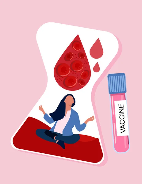 Mulher Medita Ampulheta Esperando Vacinação Confinamento Gotas Sangue Com Eritrócitos — Vetor de Stock