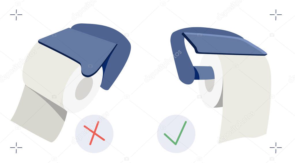 Toilet paper position handle meme. How to use roll in right way. Vector illustration in flat style. Great debate about lavatory paper in holder.Hygienic goods. Poster for shop,website,advertisement