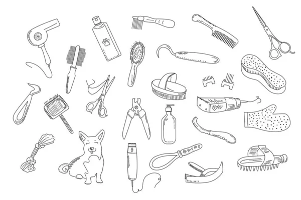 Pflegehilfsmittel Für Hundefell Und Nägel Care Vector Set Doodle Style — Stockvektor