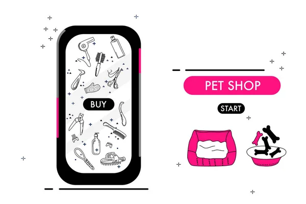 オンラインペットショップでスマートフォン グラマーストアウェブサイト毛皮 爪ケアのためのグルーミングツールのカタログ 家庭から国内動物のための商品や食品を注文します — ストックベクタ