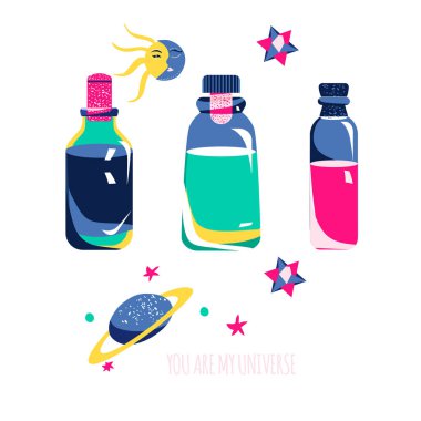 Sihirli iksirler ya da aşk iksirleri mantarlı üç cam şişede. Büyü ve cadılık. Wiccan ve astroloji. Gece gündüz uzay sembolleri, satürn gezegen 33D yıldızları. Moda renkler. Simyacı aracı..