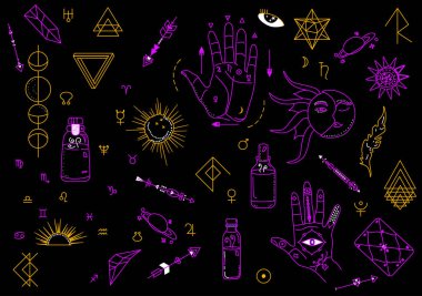 Büyü ve cadılık sembolleri. Hint astrolojisi ve el yazısı işaretleri. Gezegenler, ay evreleri ve geometrik rünler karalama stilinde. Falcılık, paranormal gerçeklik, kişisel burç.