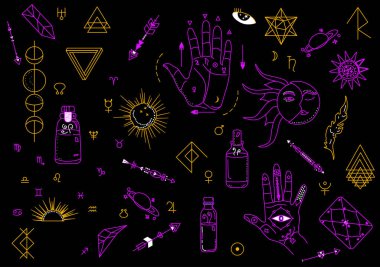Magic and witchcraft symbols.Indian astrology and palmistry signs.Planets,moon phases and geometric runes in doodle style.Fortune telling, paranormal reality,personal horoscope.Love potions.Vector clipart