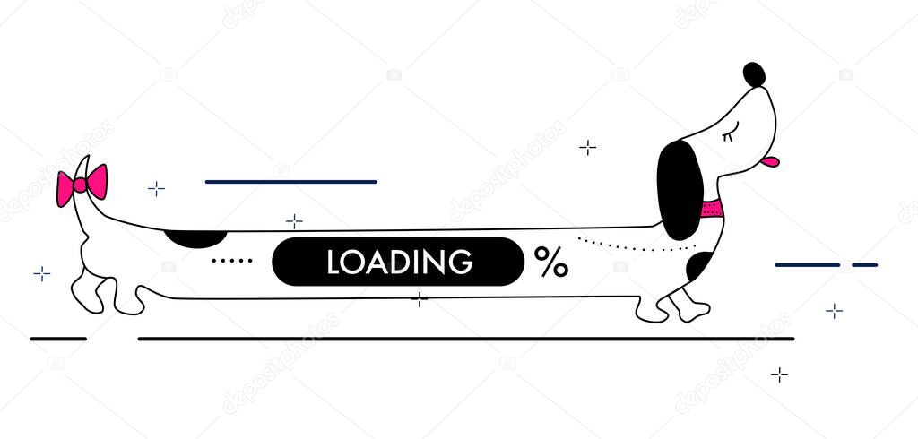 Loading web page with cute dog.Extremely long dachshund. Updates and downloading improvements.Computer settings, software.IT industry, pet shop template or internet searching.Network connection.Vector