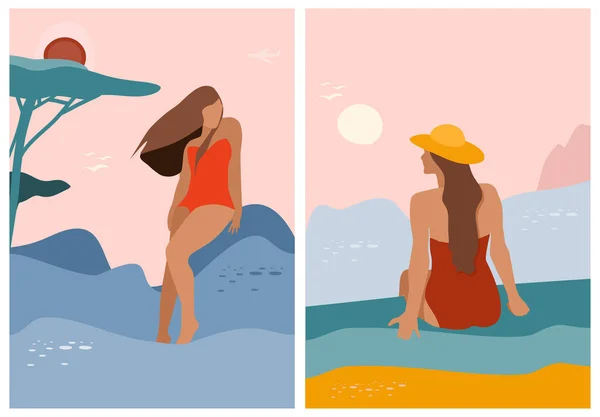 Silhuetas Femininas Minimalistas Fundo Verão Retro Cartazes Estilo Meados Século —  Vetores de Stock