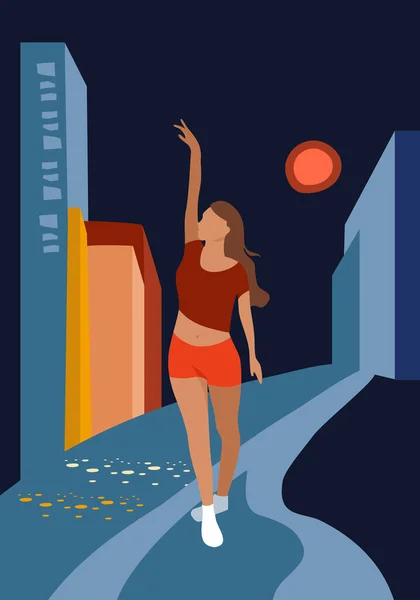 Umělecký Plakát Poloviny Století Mladá Žena Prochází Megalopolisu Městská Ulice — Stockový vektor